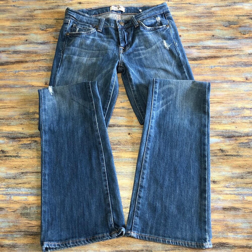 DeLUXE Premium Denim DPD Jeans Distressed Low Rise Boot Cut Blue Womens Size 26